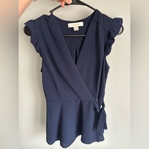 Elegant Navy Faux-Wrap Blouse with Ruffle Sleeves